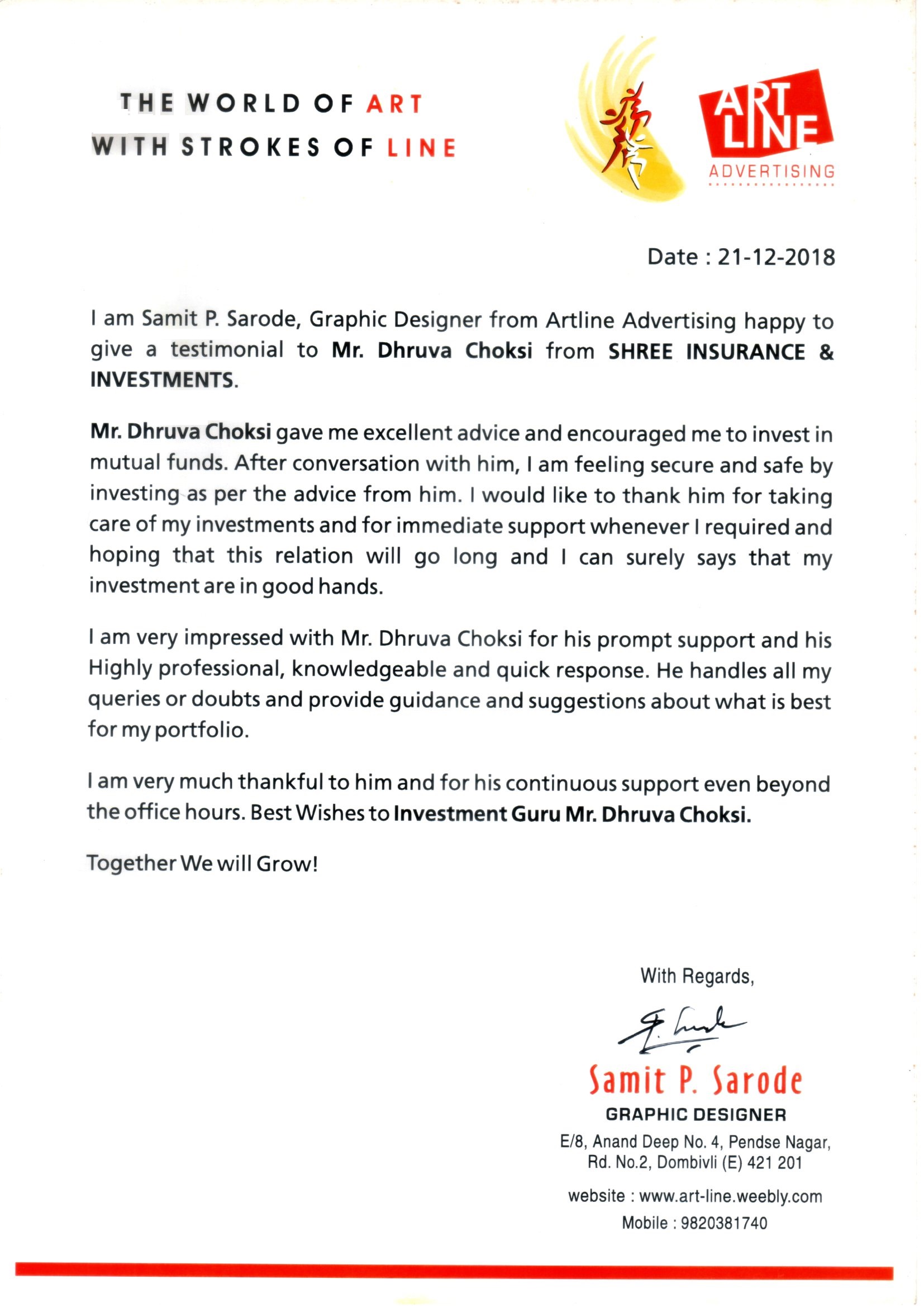 Testimonial letter from Samit P. Sarode, Artline Advertising